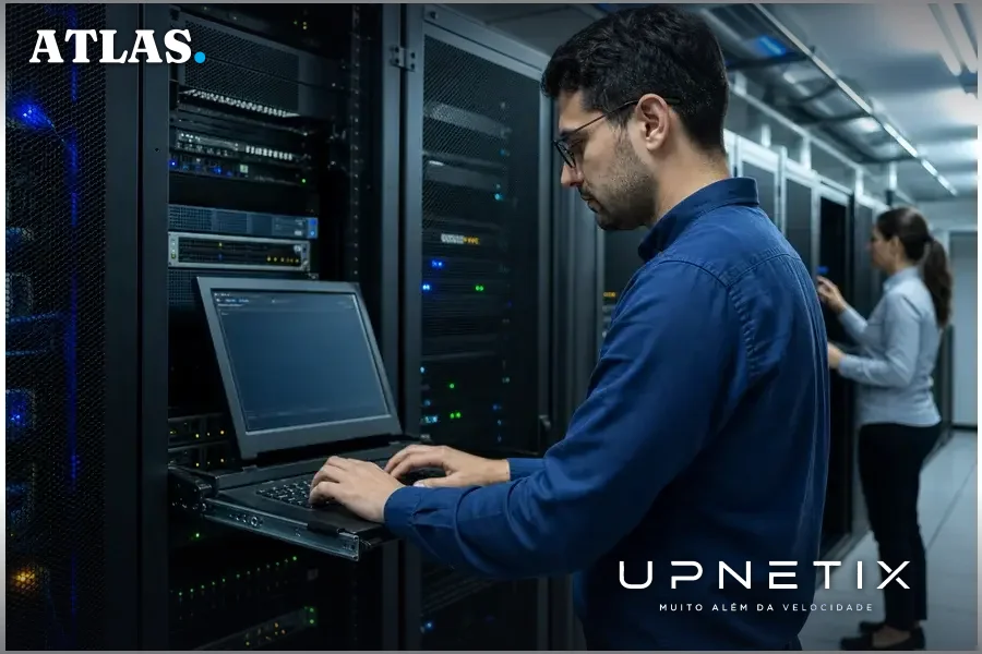 Sala de servidores de data center moderno com racks e equipamentos de TI no Brasil