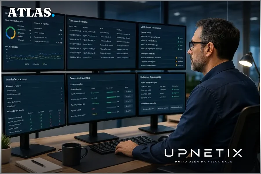 Gestor corporativo monitorando operações automatizadas de IA com logs e auditoria para garantir governança e segurança.