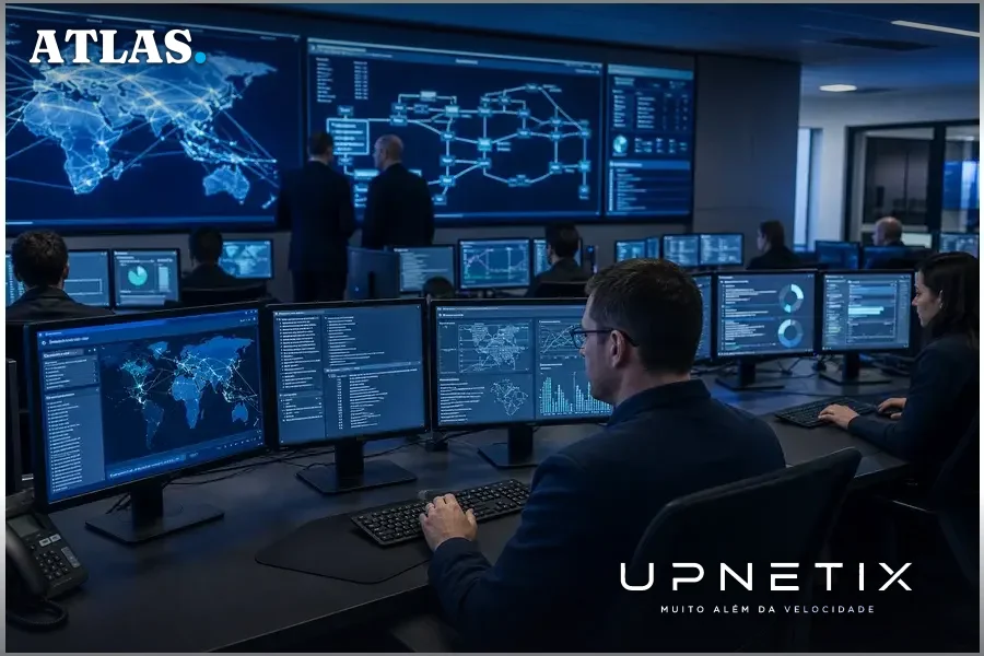 Equipe de especialistas em cibersegurança trabalhando em centro de operações da NSA com múltiplas telas digitais.