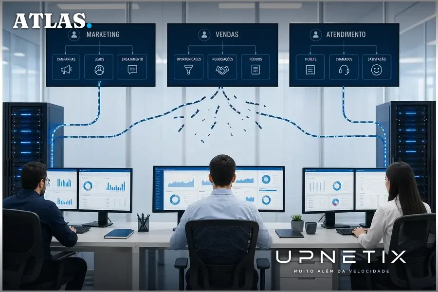 Ambiente corporativo com múltiplos sistemas de dados desconectados representando a fragmentação de dados nas empresas, estilo realista.