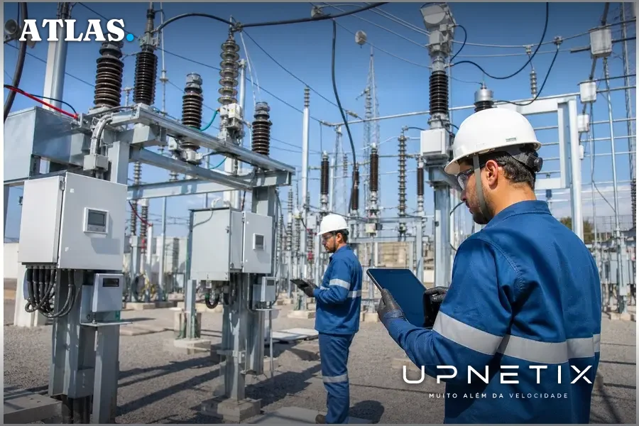 Técnicos operando tablets em subestação digitalizada com sensores e equipamentos modernos