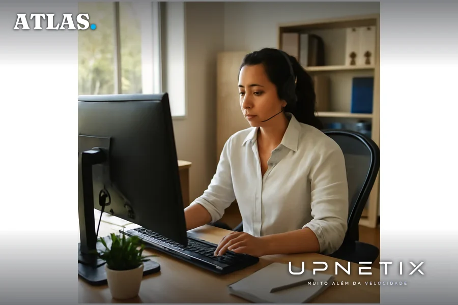 Funcionária atendendo em um computador conectado à nuvem