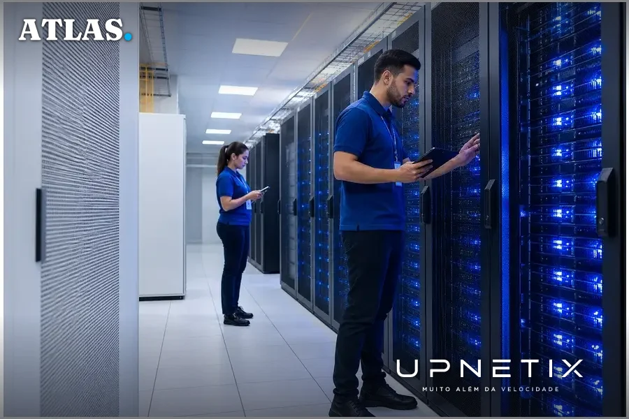 Data center moderno no Nordeste do Brasil com técnicos e servidores iluminados