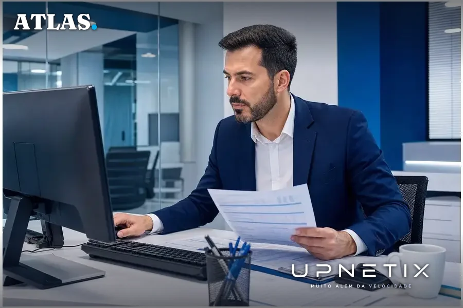 Gerente fiscal de ISP analisando documentos e sistemas de gestão em escritório moderno