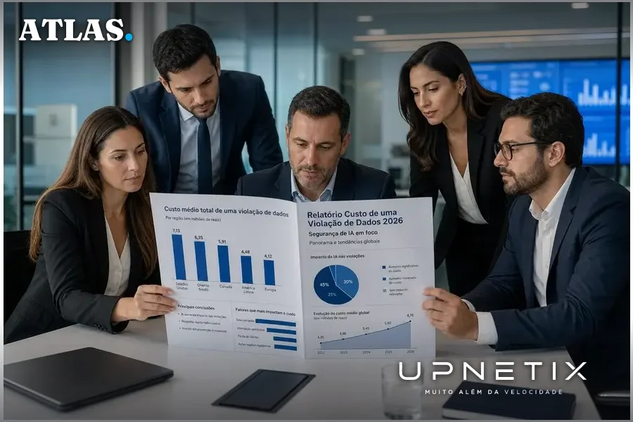 Executivos brasileiros em reunião analisando relatório de segurança de IA da IBM em uma sala corporativa moderna.