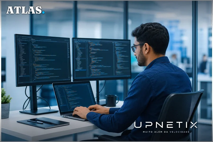 Desenvolvedor de software utilizando assistente de codificação por IA em escritório corporativo moderno