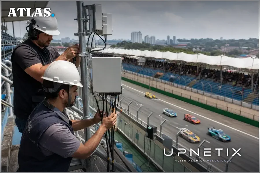 Equipe técnica instalando rede celular privativa 5G temporária em corrida de Stock Car