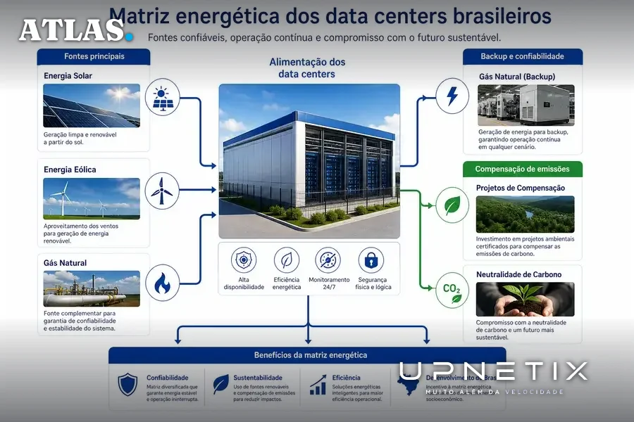 Diagrama realista da matriz energética dos data centers com renováveis e gás natural