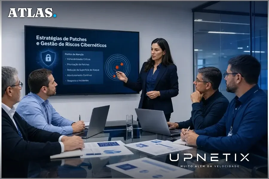 Reunião de gestores de TI discutindo estratégias de segurança para aplicação de patches.