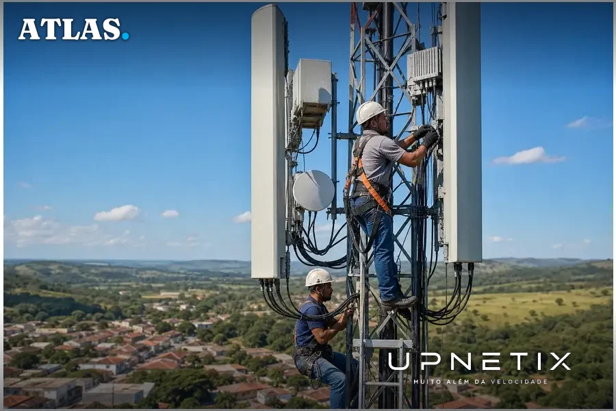 Estação rádio base LTE Advanced em área rural com técnicos realizando manutenção.