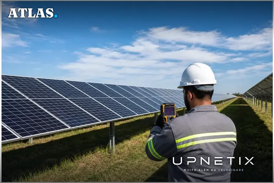 Usina solar fotovoltaica brasileira em operação sob céu claro.