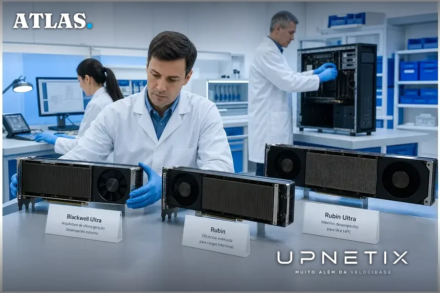 Modelos de GPUs Nvidia Blackwell Ultra, Rubin e Rubin Ultra exibidos em bancada técnica.