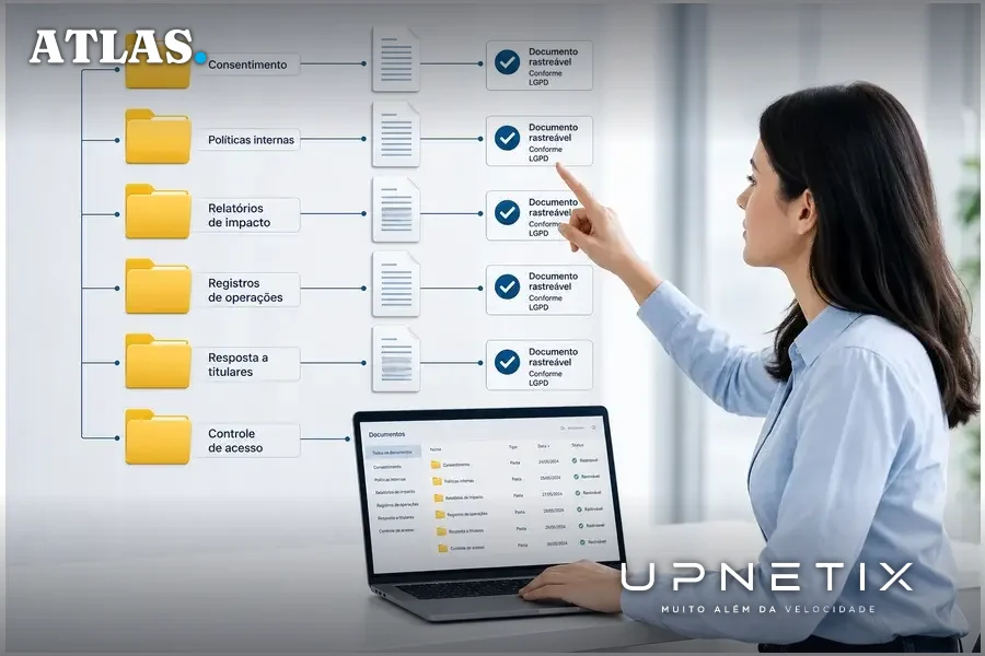 Diagrama realista mostrando organização e rastreabilidade de documentos digitais para comprovar conformidade à LGPD.