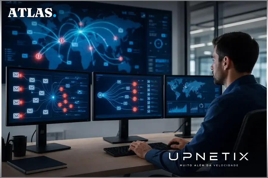 Visualização conceitual realista de ataques digitais automatizados por IA explorando vulnerabilidades em larga escala.