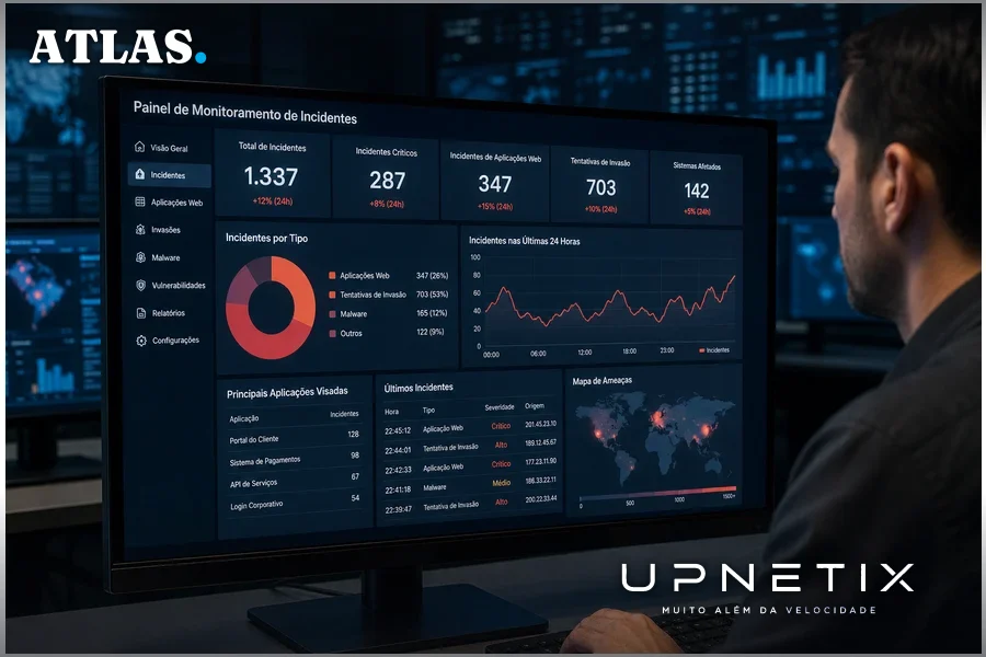 Painel digital de monitoramento de incidentes de cibersegurança com notificações crescentes
