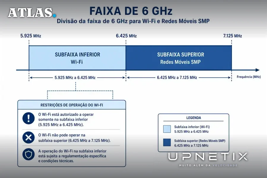 Diagrama técnico da divisão da faixa de 6 GHz entre Wi-Fi e redes móveis SMP segundo decisão Anatel