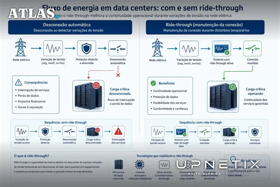Diagrama explicativo sobre ride-through e desconexão automática em data centers