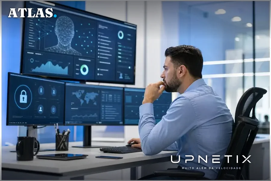 Profissional brasileiro de segurança da informação monitorando credenciais e uso de IA
