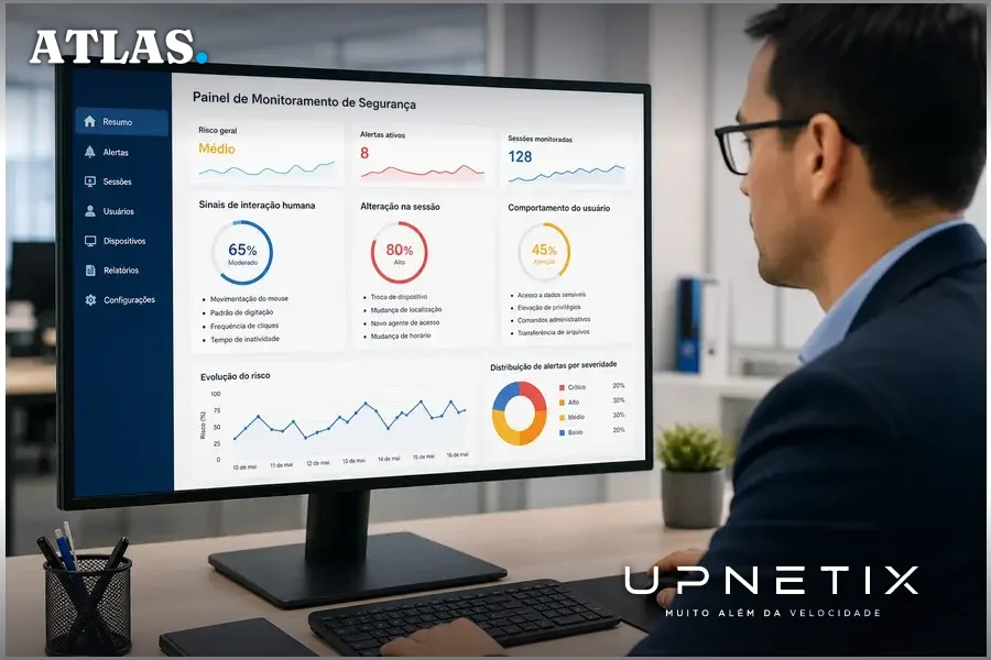 Tela de computador com software de monitoramento de segurança digital exibindo indicadores em português.