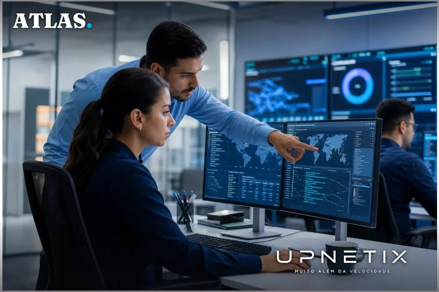 Equipe de TI trabalhando com automação e monitoramento contínuo em segurança digital.