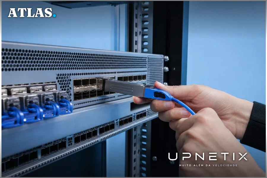Módulos pluggables ópticos 800G conectados em equipamentos de rede em ambiente de data center.