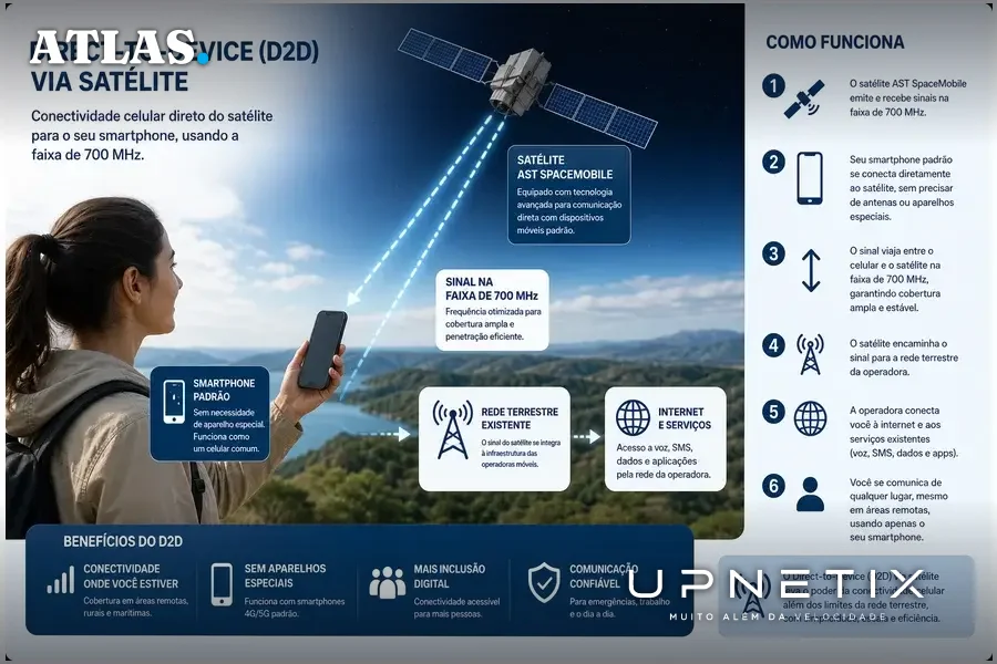 Diagrama realista explicando conexão direta de smartphone via satélite AST SpaceMobile usando faixa de 700 MHz