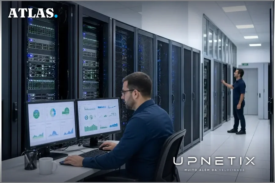 Data center moderno com racks de servidores e técnicos de TI em operação