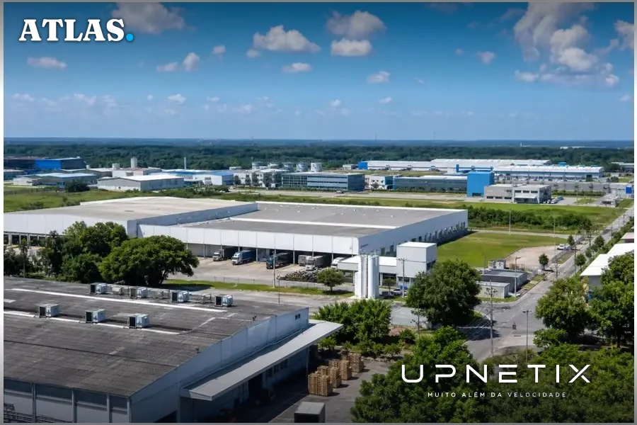 Vista aérea realista do Polo Industrial de Manaus mostrando fábricas e centros logísticos