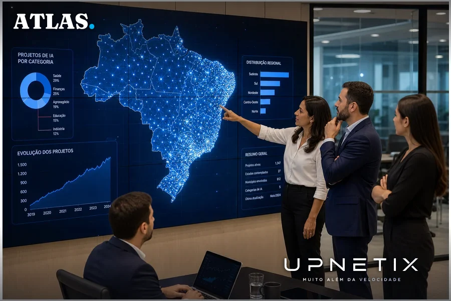 Painel digital mostrando mapa do Brasil com pontos luminosos representando projetos de IA, profissionais brasileiros analisando.