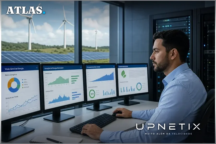 Operador de data center monitora energia renovável com painéis solares ao fundo.