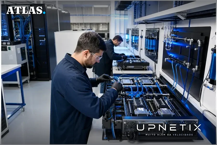 Engenheiros testando servidores GPU com sistemas de resfriamento líquido em laboratório EPIC