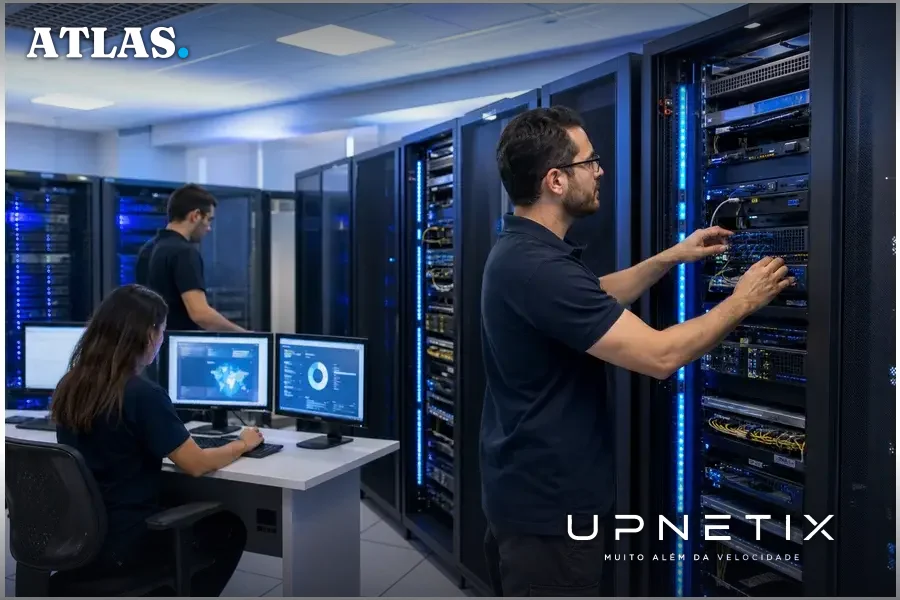 Sala de servidores de data center moderno em Porto Alegre com técnicos operando equipamentos de TI.