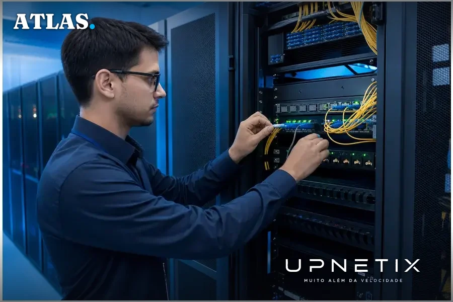Infraestrutura de data center com equipamentos e cabos de fibra óptica organizados.