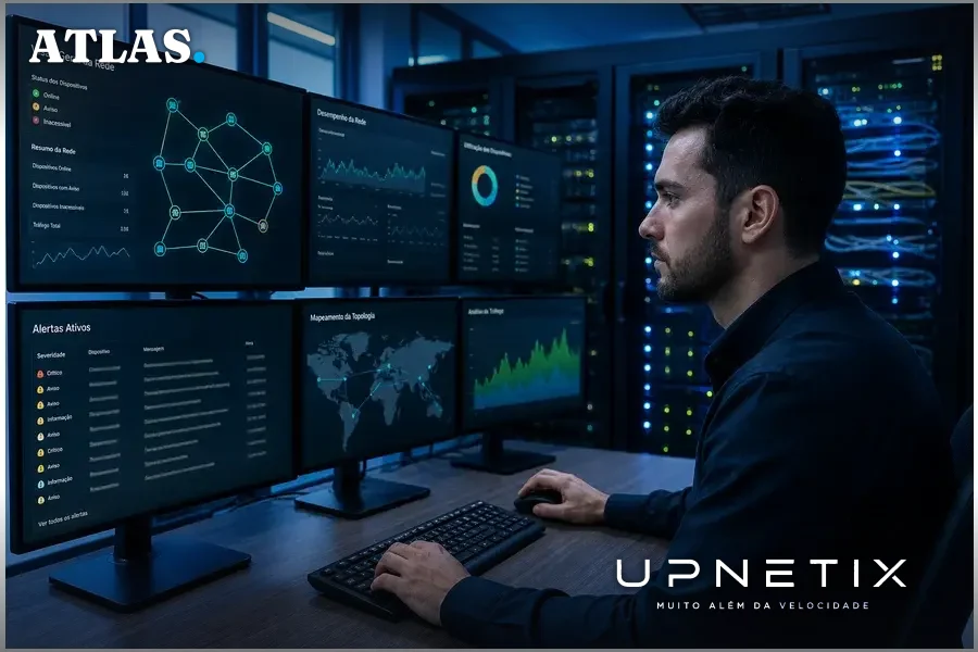Gestor de redes monitorando múltiplas telas em sala de servidores corporativa.