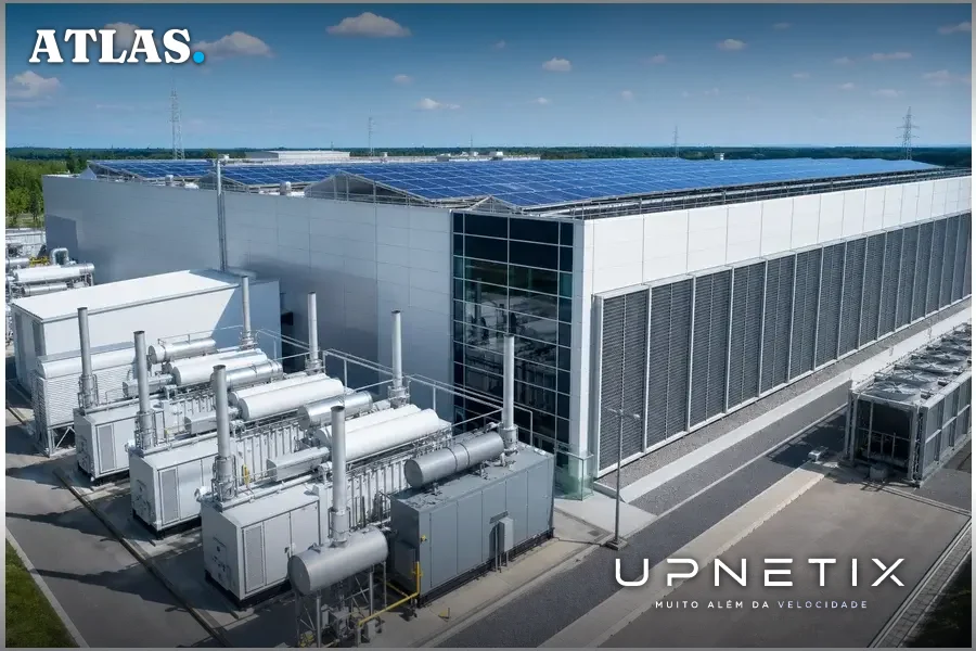 Data center moderno com painéis solares e geradores a gás natural instalados no local, ilustrando geração própria de energia.