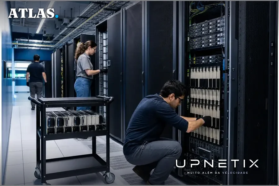 Mini data center com servidores e GPUs dedicadas para inteligência artificial no estúdio Microsoft.