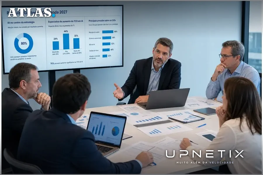 Reunião de CIOs e gestores de TI discutindo orçamento e estratégias para IA