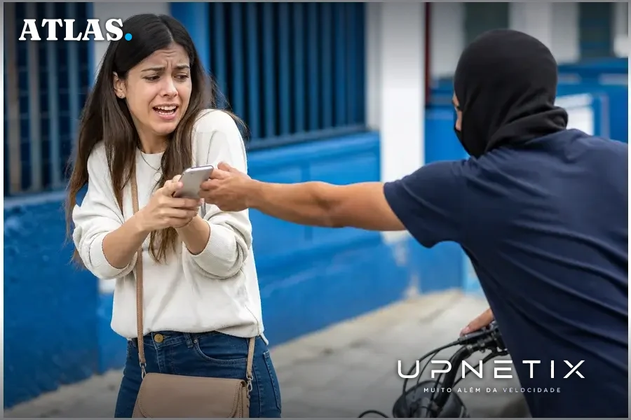 Roubo de smartphone em área urbana, vítima com expressão preocupada