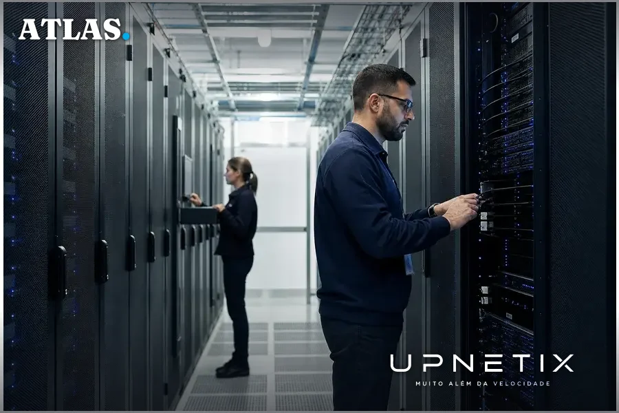 Interior de um data center moderno com servidores iluminados e ambiente tecnológico.