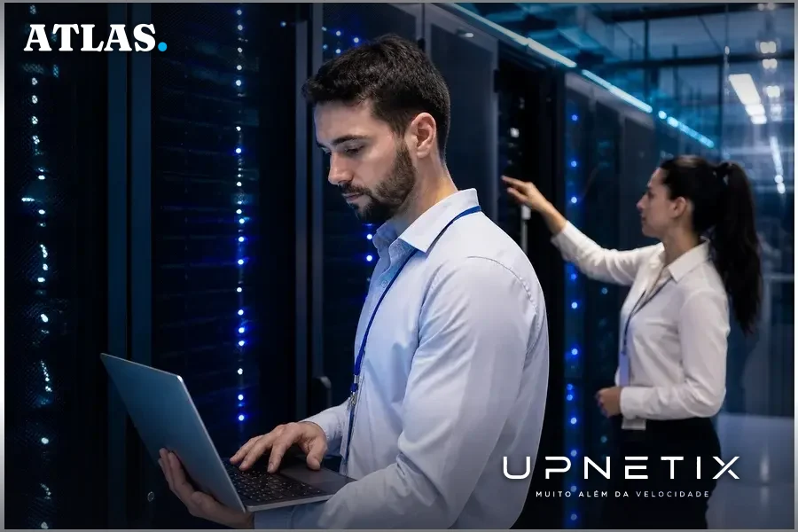 Interior de data center moderno com servidores alinhados e iluminação azul.