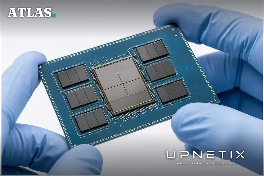 Close-up realista de chip Maia 300 mostrando arquitetura de chiplets