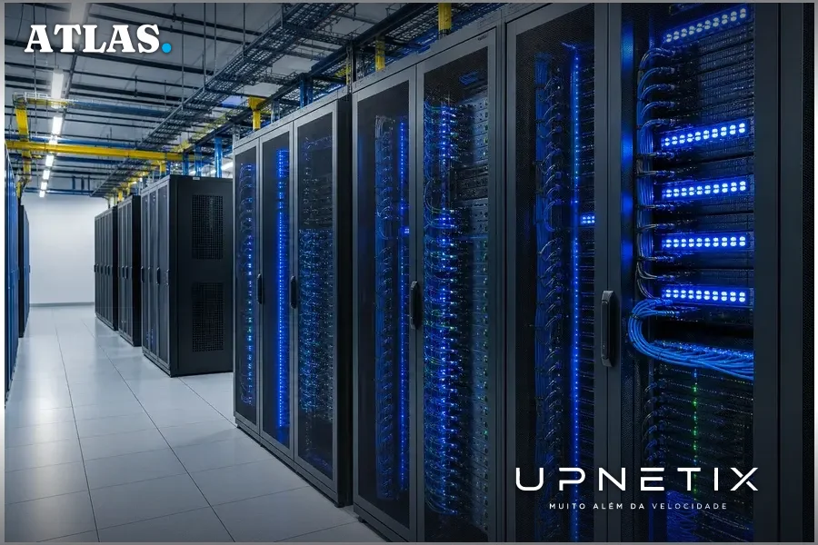 Interior de data center moderno com servidores e cabos de fibra óptica iluminados em azul