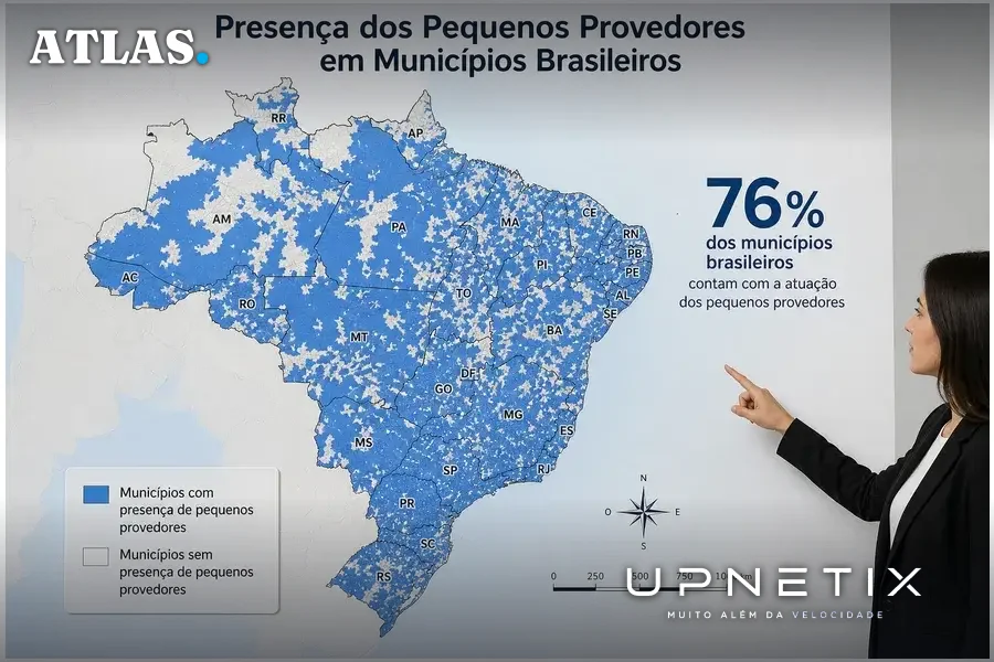 Mapa do Brasil mostrando 76% dos municípios com presença de pequenos provedores