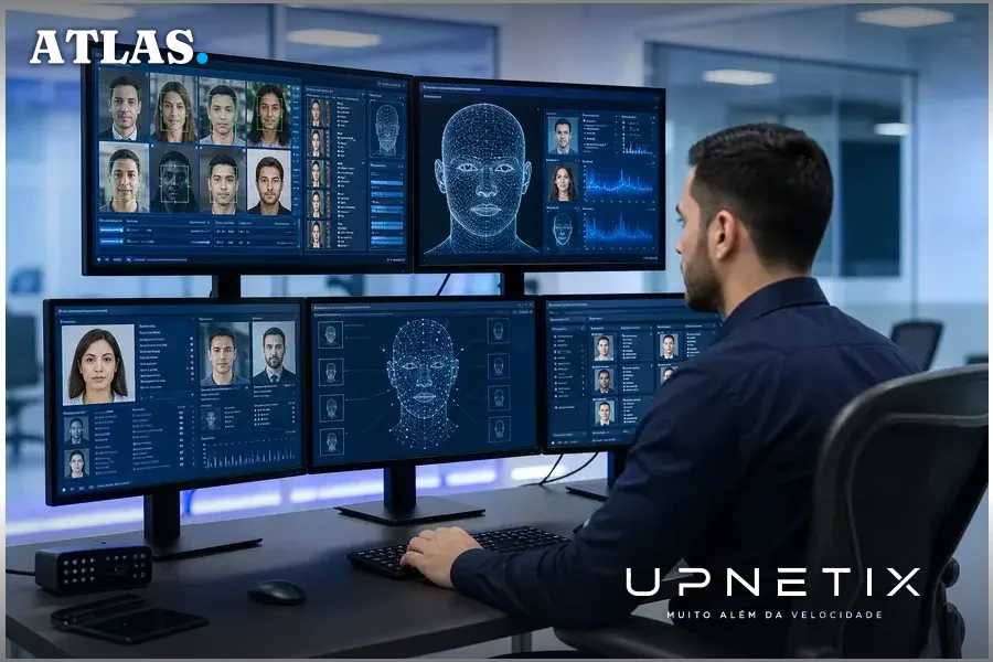 Operador de telecomunicações utilizando tecnologia de reconhecimento facial para validação biométrica em ambiente corporativo.