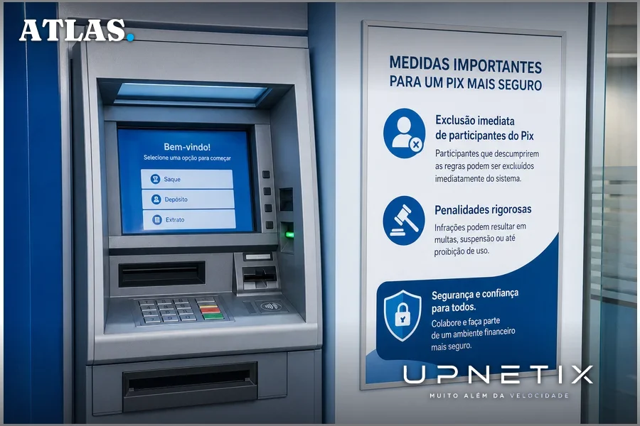 Caixa eletrônico em banco brasileiro com cartaz conceitual sobre exclusão imediata de participantes do Pix.