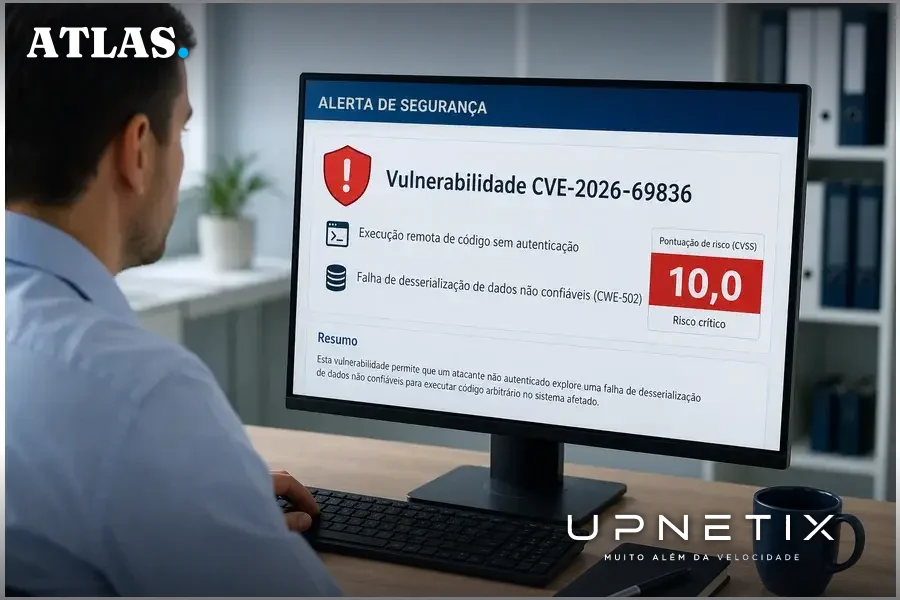 Tela de computador exibindo alerta de vulnerabilidade CVE-2026-69836 com pontuação 10,0 e detalhes técnicos em português.