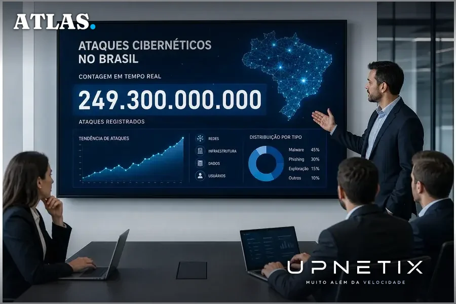 Painel digital moderno mostrando o número 249,3 bilhões representando ataques cibernéticos no Brasil.