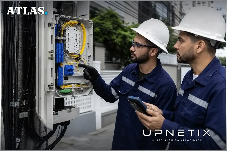 Técnicos em telecomunicações inspecionando cabos de fibra óptica expostos em ambiente urbano