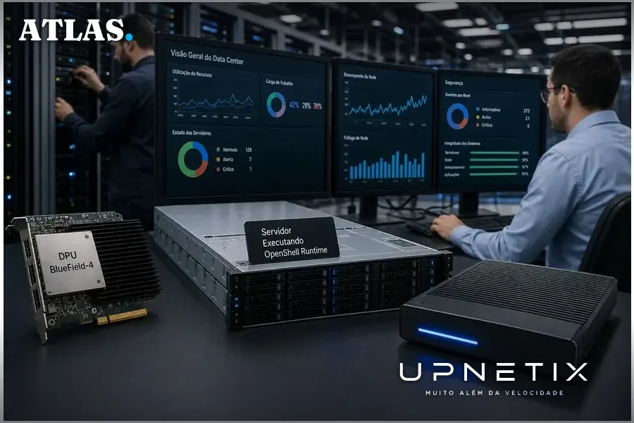 Data center com hardware Nvidia Sentry e monitores mostrando sistemas de monitoramento em operação.