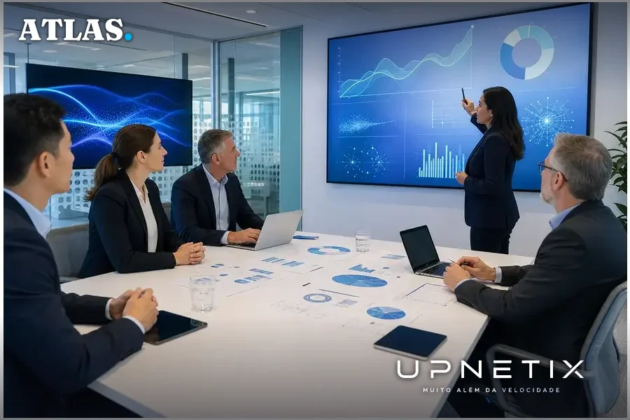 Executivos reunidos em sala moderna discutindo dados financeiros em telas digitais, ambiente corporativo claro e profissional.